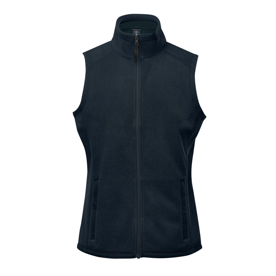 A women's fleece vest in dark navy, featuring a zip front and two side pockets, with a logo on the chest.