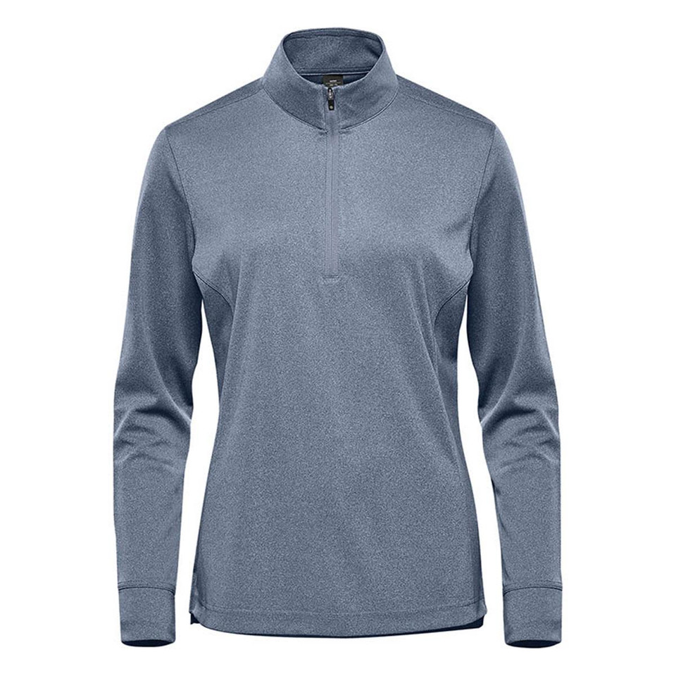 A women's 1/4 zip pullover in grey, featuring long sleeves and a branded logo.