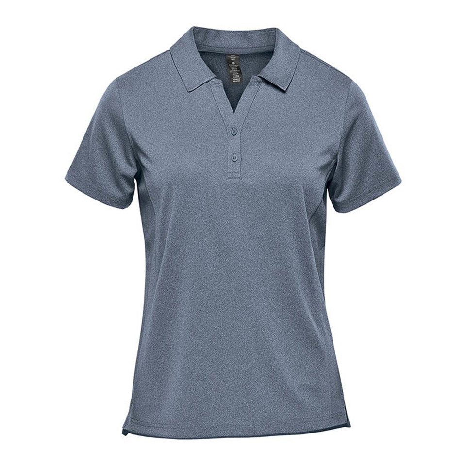 A short sleeve polo shirt in a blue-grey tone, featuring a collar and a logo on the chest.