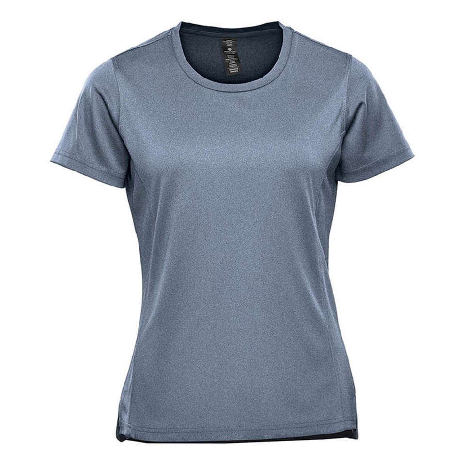 A women's short sleeve tee in a light blue-grey colour featuring a logo.