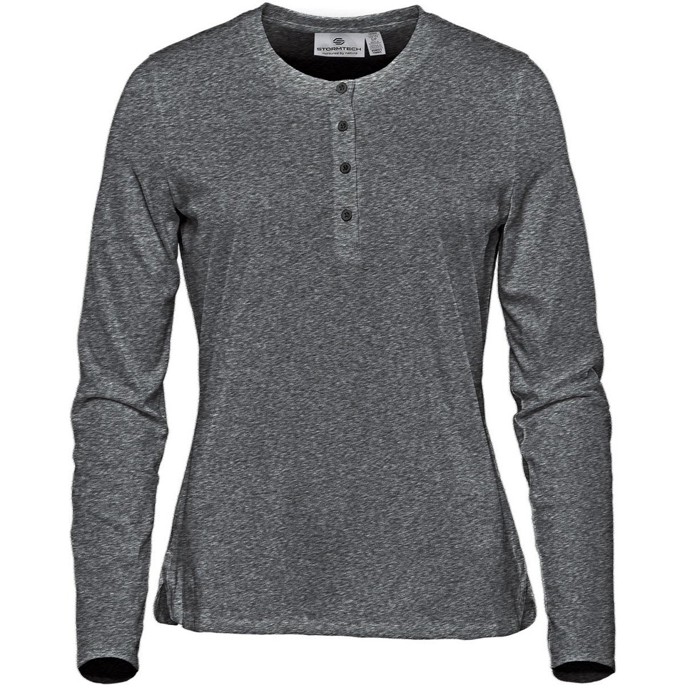 A long-sleeve henley shirt in a dark grey colour with a buttoned placket and a subtle logo.