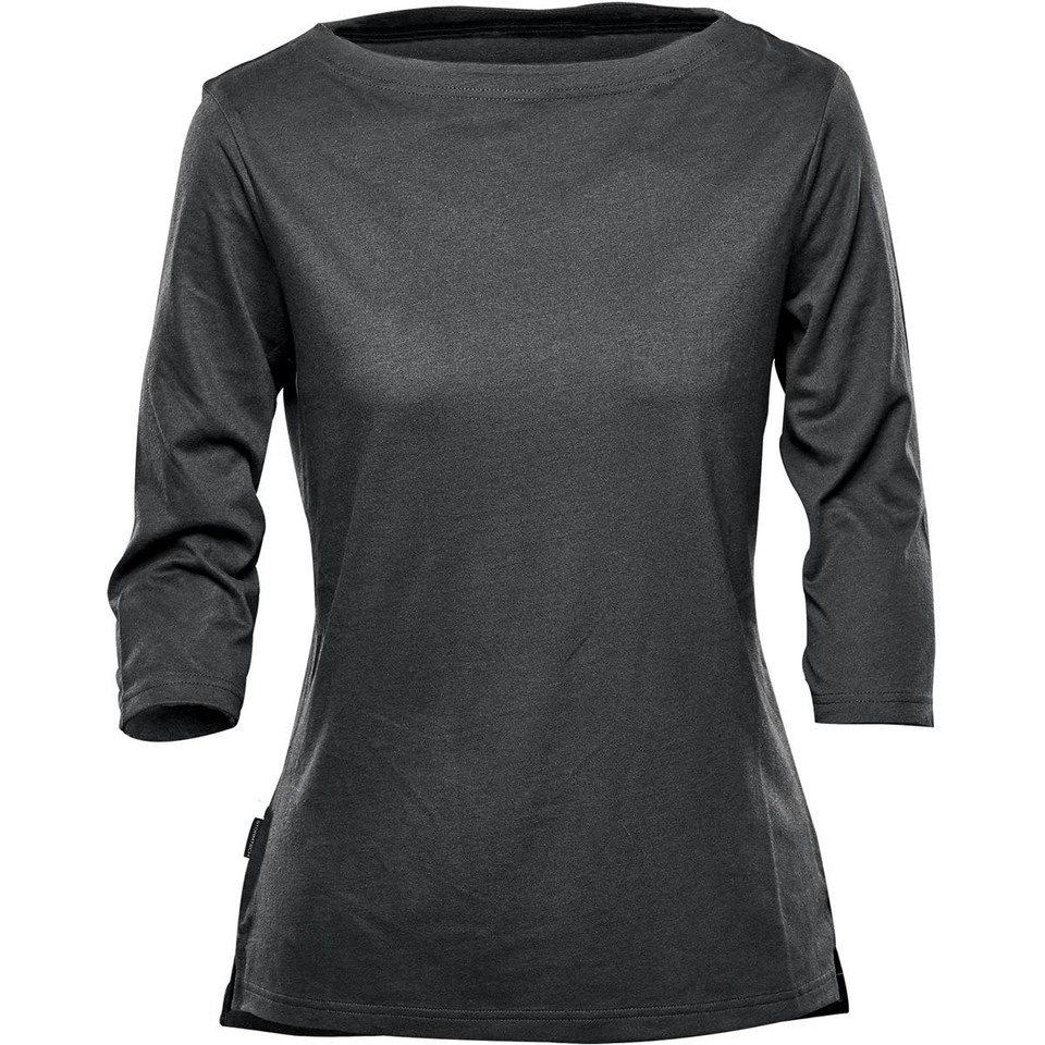 A women's 3/4 sleeve t-shirt in dark grey, featuring a simple design and a branding logo.