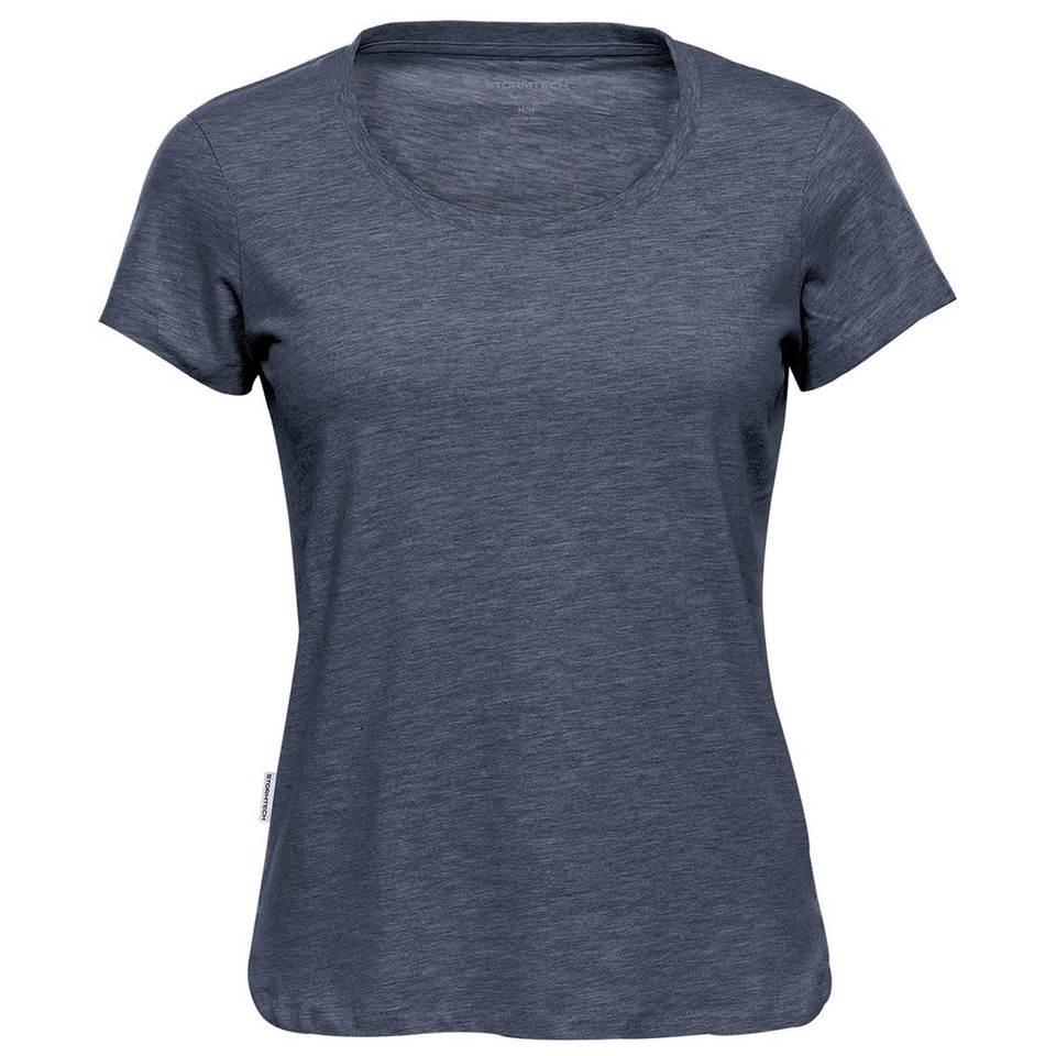 A women's crew neck tee in a dark navy colour, featuring short sleeves and a relaxed fit. The shirt has a brand logo.
