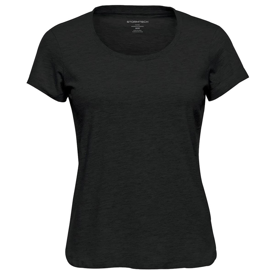 A women's black crew neck T-shirt with short sleeves, featuring a simple design and a logo on the label.