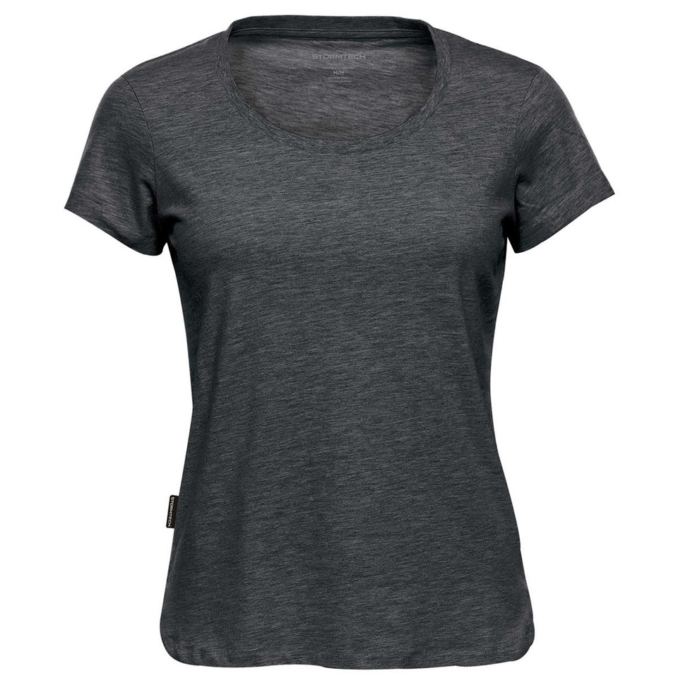 A dark grey women's crew neck t-shirt with short sleeves and a subtle logo on the side.