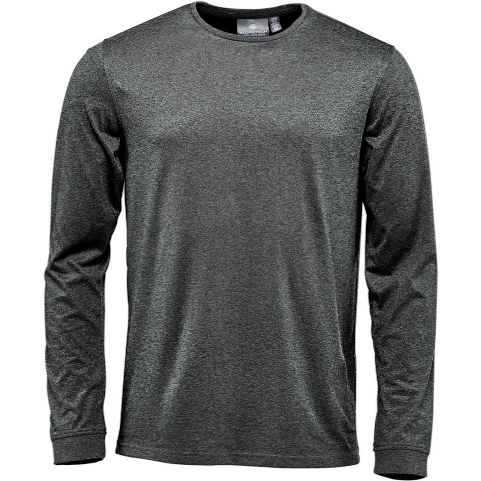 A long-sleeve T-shirt in a dark grey colour, featuring a simple design and a logo on the label.
