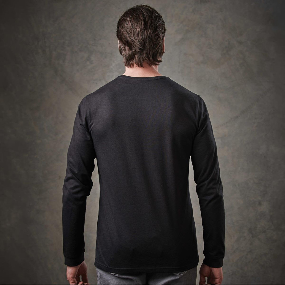 A long-sleeve black T-shirt displayed from the back, featuring a simple design and a fitted silhouette.