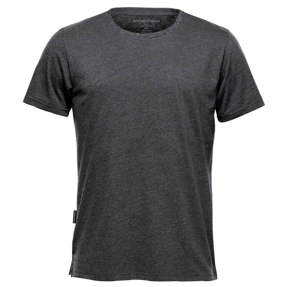 A grey crew neck t-shirt with short sleeves and a side label detail. It features a branding logo on the neckline.