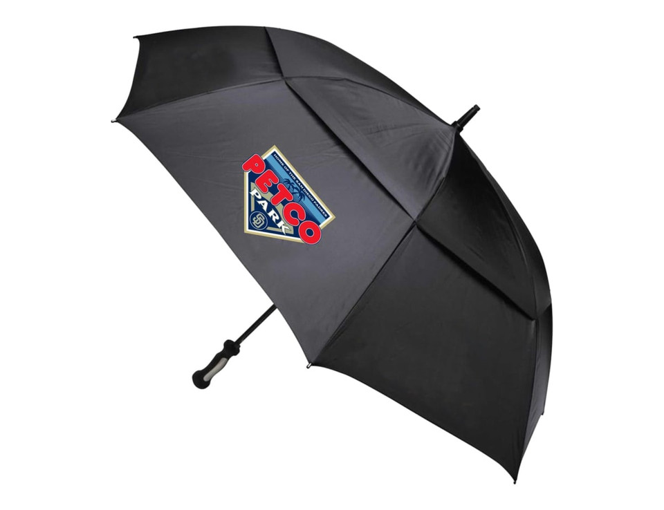 A black RPET golf umbrella featuring a logo, designed for leisure and outdoor activities.