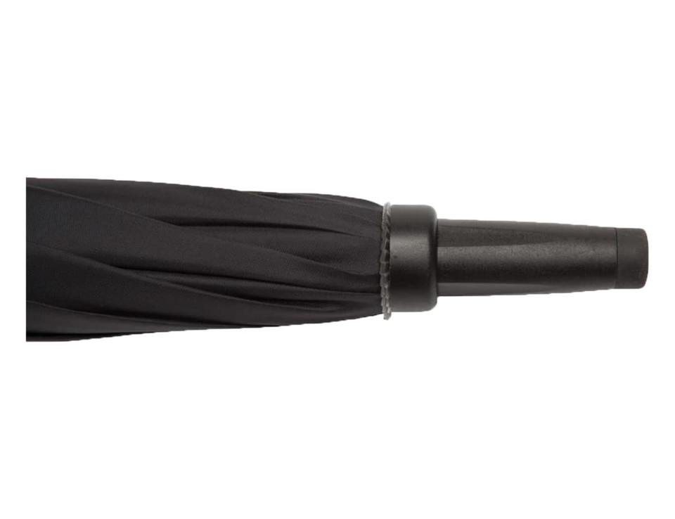 A black RPET golf umbrella with a solid handle and a sleek, folded design. It features branding on the handle.