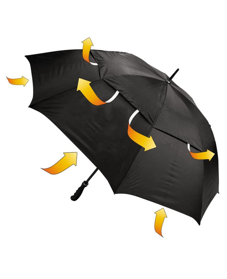 A black auto golf umbrella featuring a unique design with arrows indicating airflow. Includes a logo.