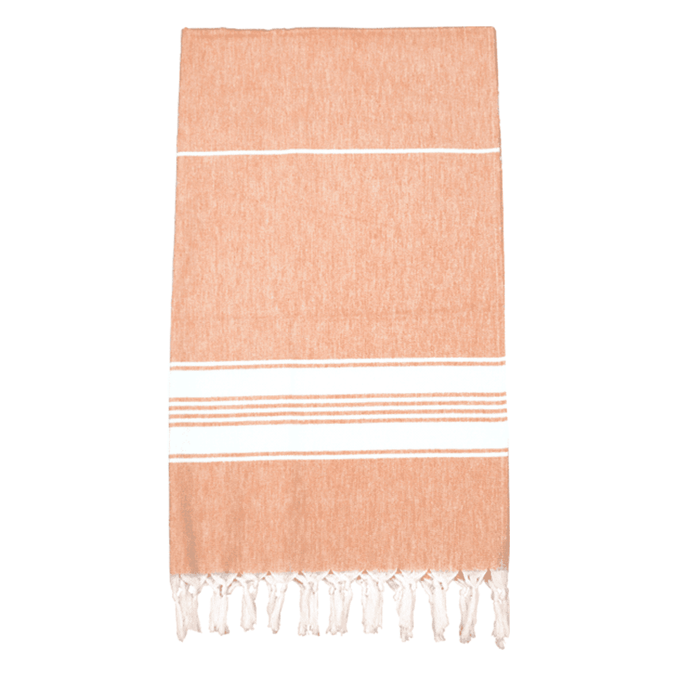 A soft, orange and white striped Turkish towel with fringed edges, featuring a subtle texture.