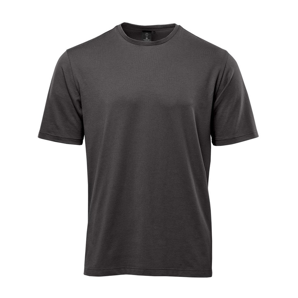 A grey men's t-shirt with short sleeves, featuring a logo on the design.