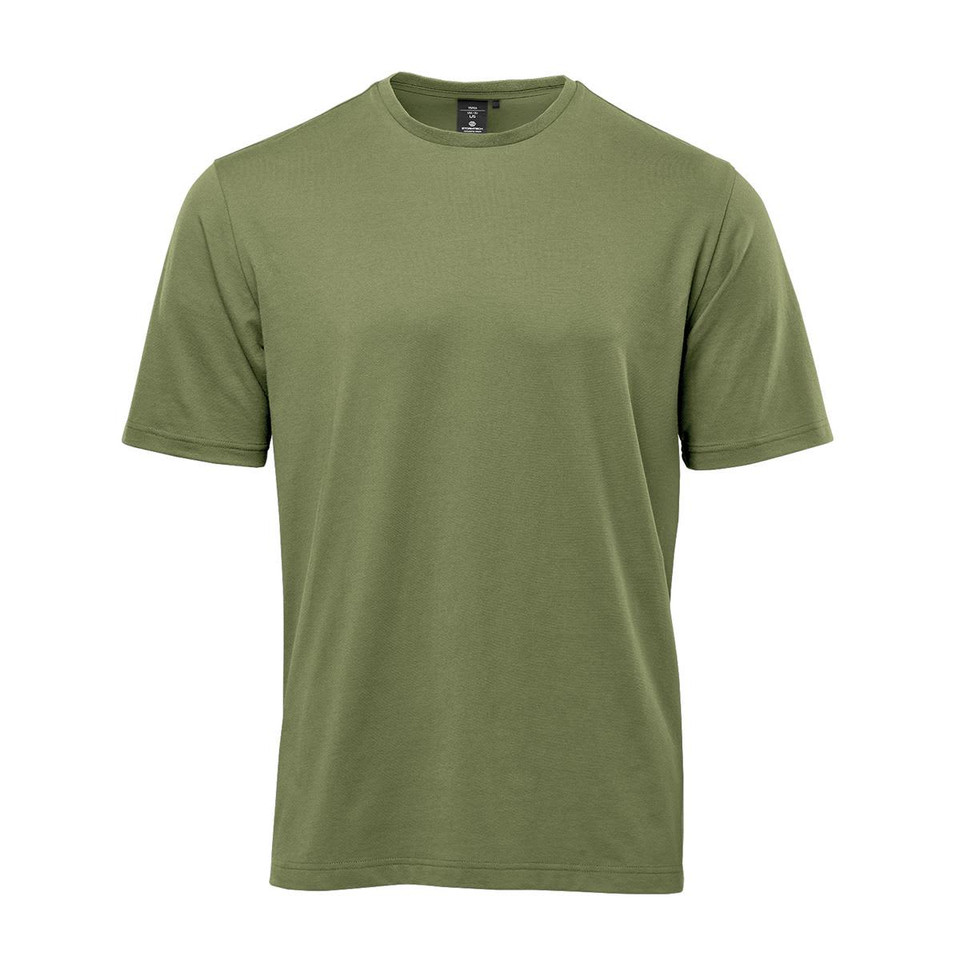 A men's short-sleeve t-shirt in olive green with a plain design and a logo on the label.