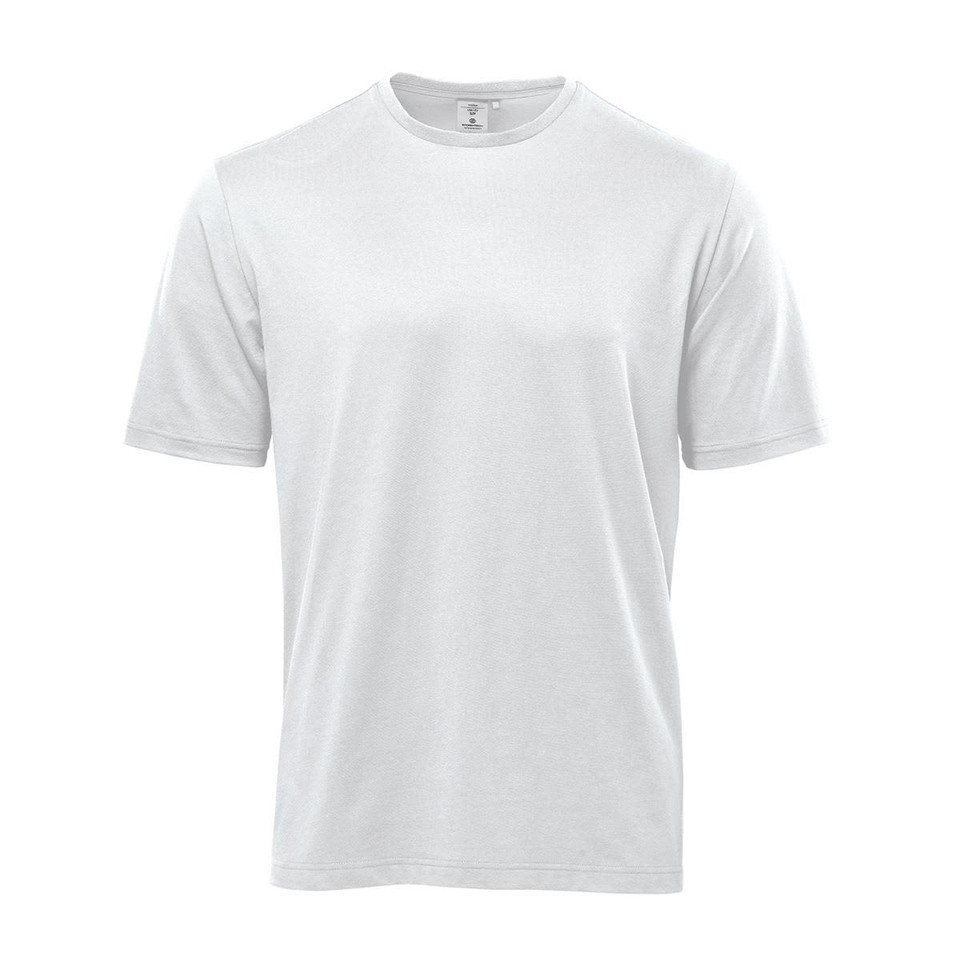 A plain white T-shirt featuring short sleeves, designed as a men's casual tee. It includes a logo on the label.