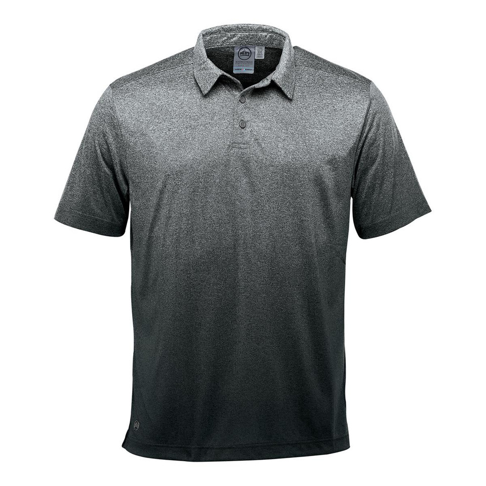 A dark grey polo shirt with a collar and short sleeves, featuring a logo on the hem.
