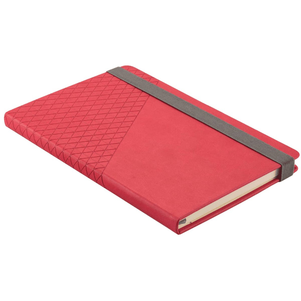 A red Geo Notebook with a textured cover and an elastic band. It has a logo on the front.