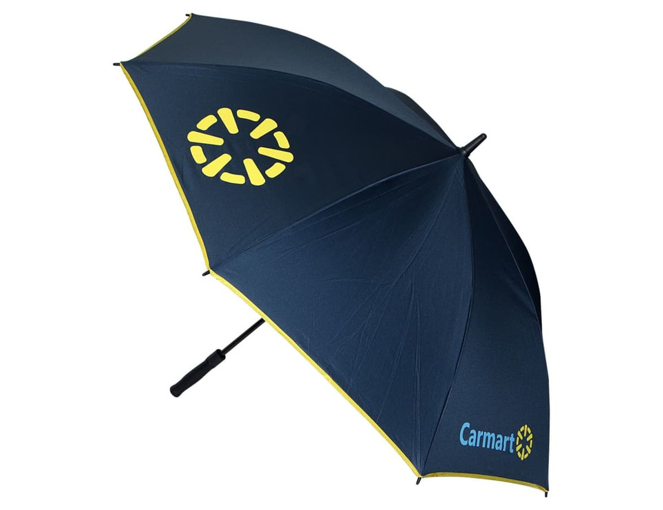 A navy umbrella with a yellow trim and a logo. Designed for leisure and outdoor use.