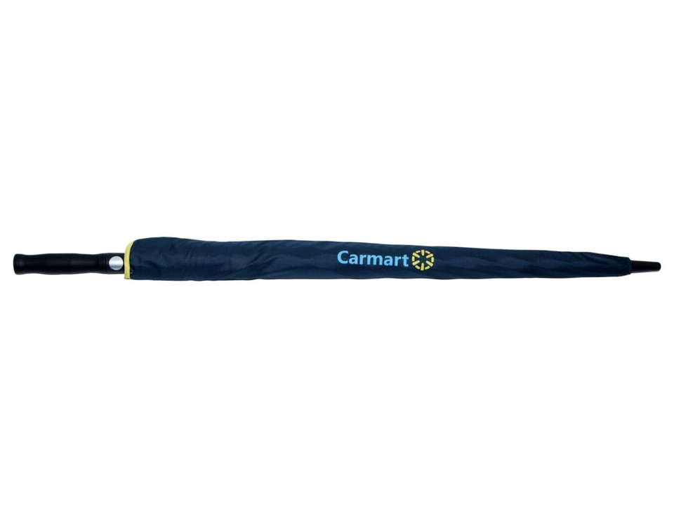 A navy umbrella with a black handle and a branding logo on the canopy.