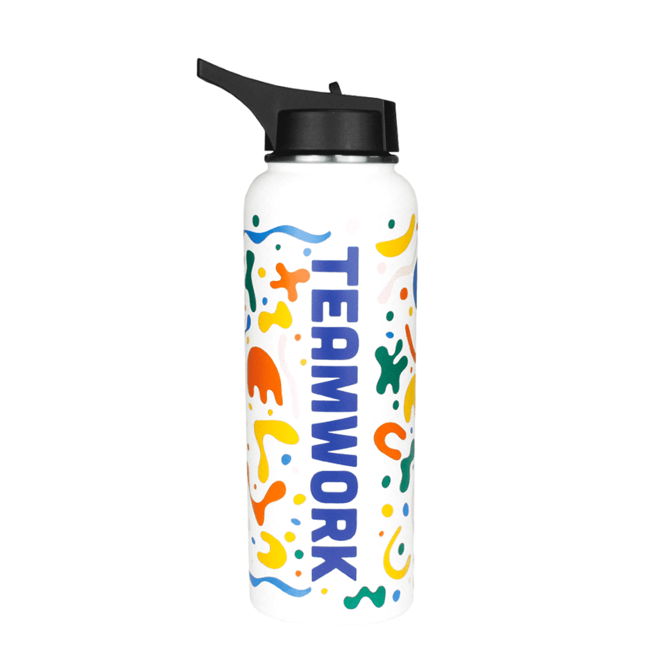 A drink bottle with a white body, colourful abstract designs, and a black cap. It features the word "TEAMWORK."