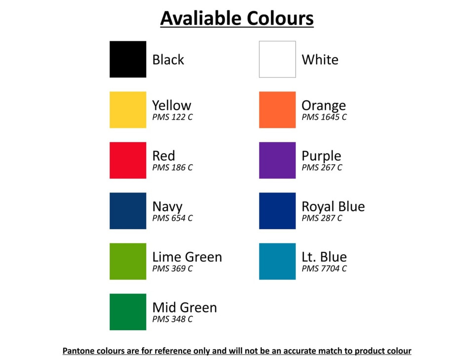 A colour chart featuring options for a product, including Black, White, Yellow, Orange, Red, Purple, Navy, Royal Blue, Lime Green, Light Blue, and Mid Green.