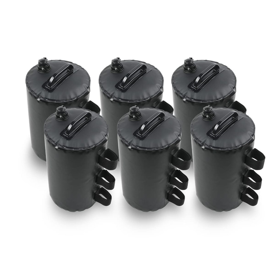 A set of six black weighted bags with screw-top caps and multiple handles for easy handling.