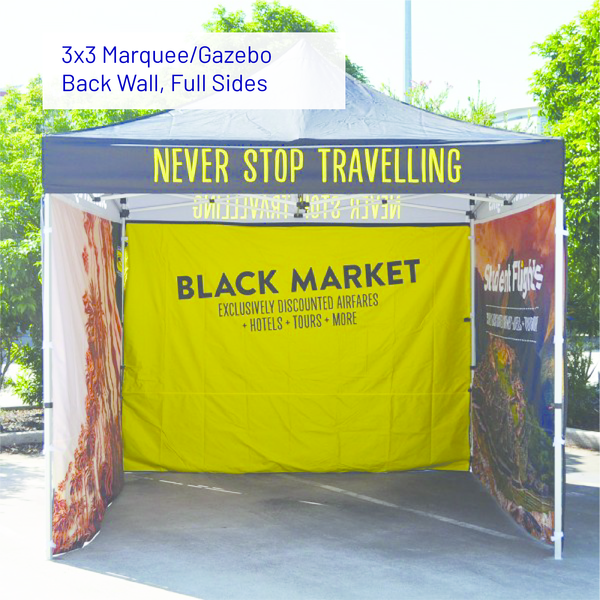 3x3 marquee gazebo with full sides and back wall displaying travel promotions