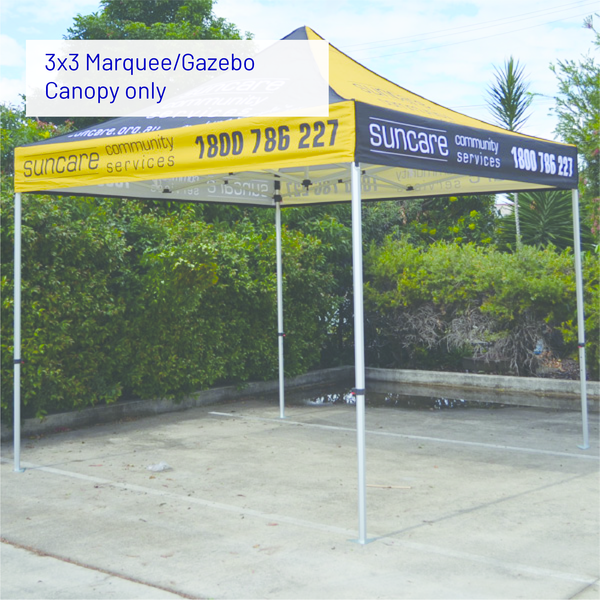 3x3 marquee gazebo canopy, Suncare Community Services, outdoor setup.