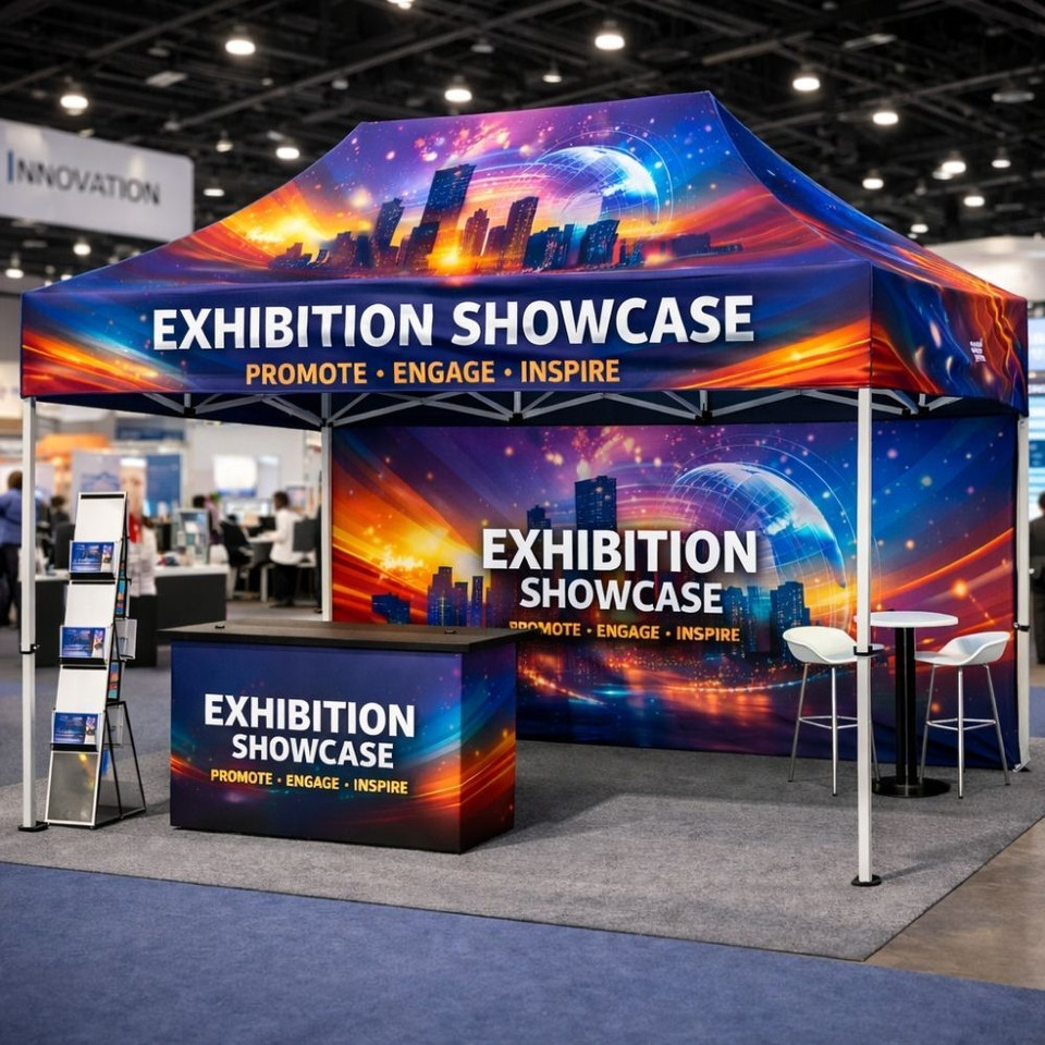 Trade show booth with vibrant graphics, promoting exhibition engagement and inspiration.
