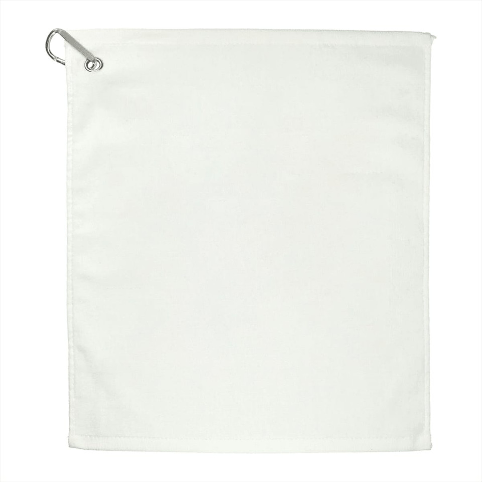 A 15" x 18" white terry golf towel featuring a metal grommet for attachment, includes a logo.