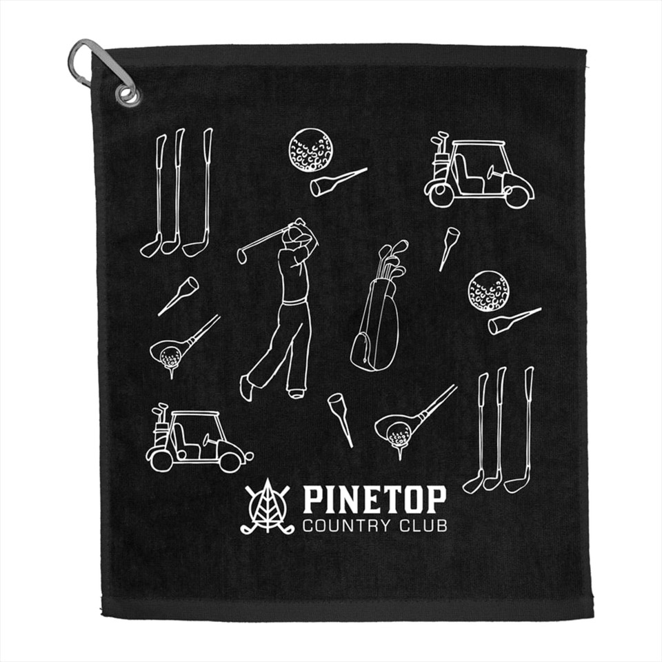 A black golf towel featuring white graphics of golf clubs, balls, and a golfer, with a logo at the bottom.