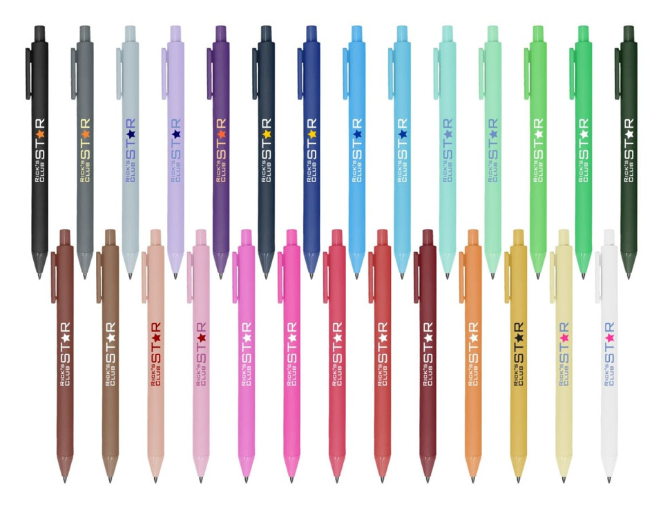 A collection of Virgo ball point pens in various colours including black, blue, green, and pink, arranged in rows.