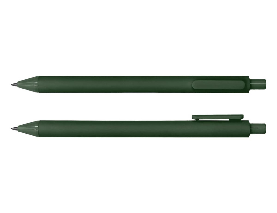 A set of dark green ballpoint pens, featuring a smooth finish and clip for easy attachment.