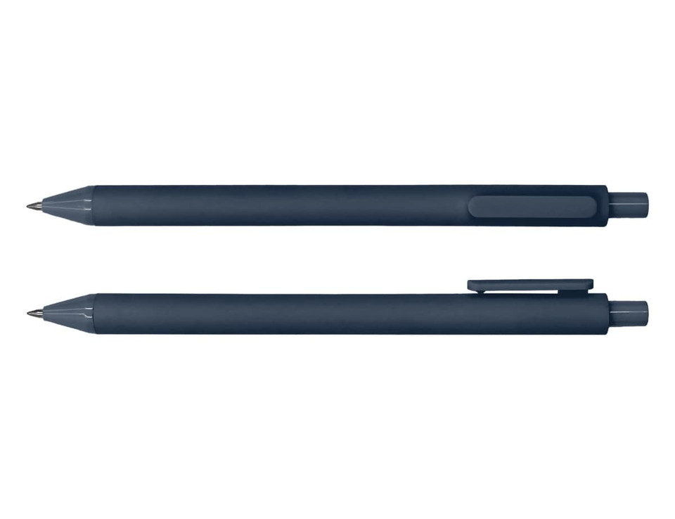 Two navy blue ballpoint pens laid parallel, featuring a clip and a smooth design. The pens have a simple branding logo.