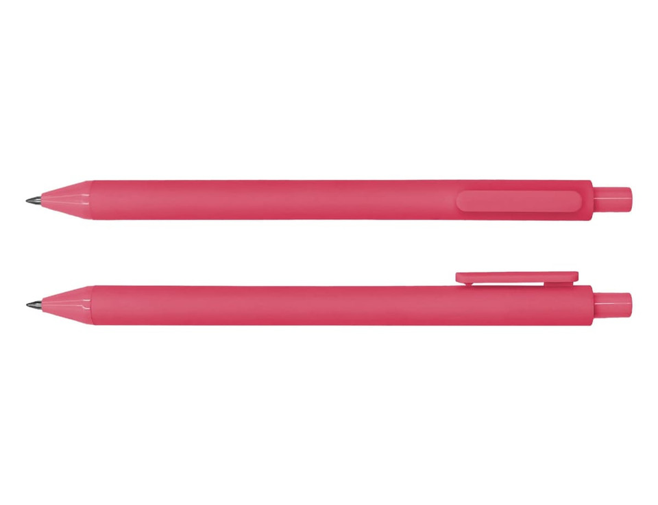A pink ballpoint pen displayed horizontally and vertically, featuring a clip and a branding logo.