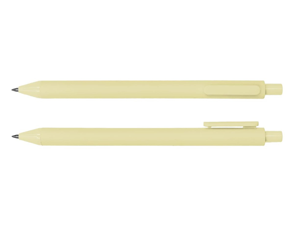 A yellow ballpoint pen displayed from two angles, featuring a sleek design and a clip for attachment.