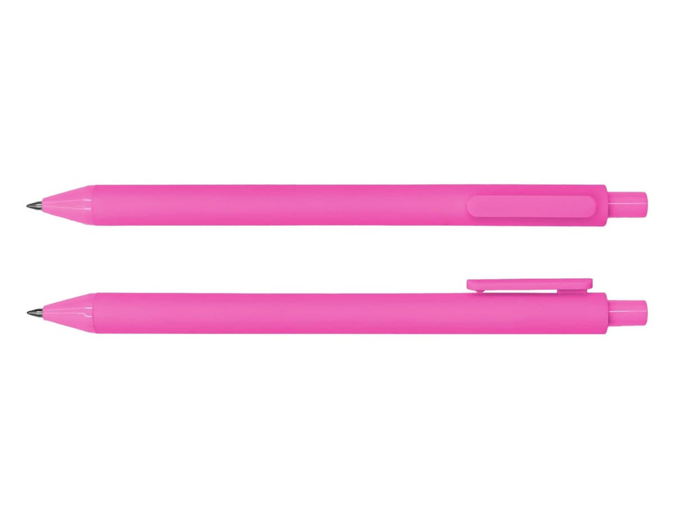 A pink ballpoint pen with a smooth finish, featuring a clip and a rounded tip. It has a simple logo.