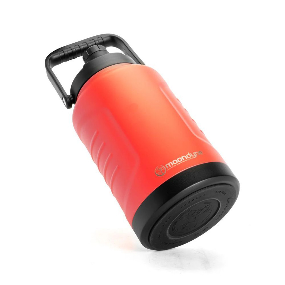 Red insulated water jug with black handle and base.
