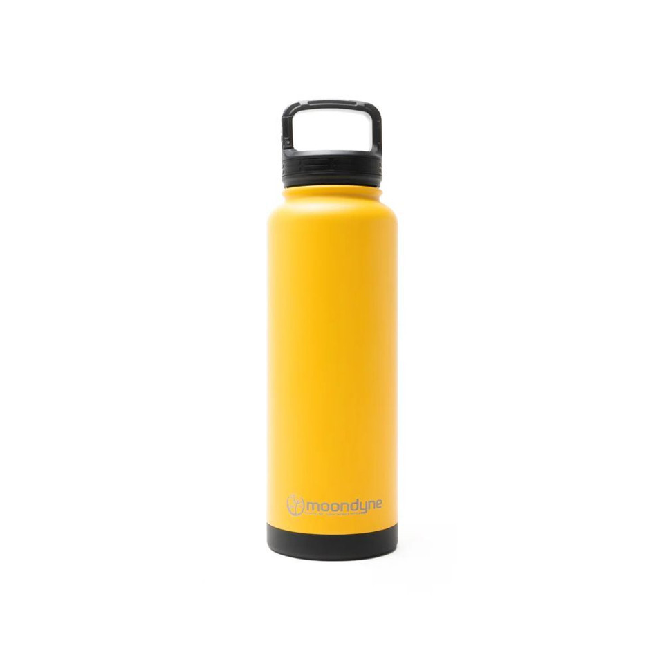 Yellow insulated water bottle with black cap for outdoor activities.