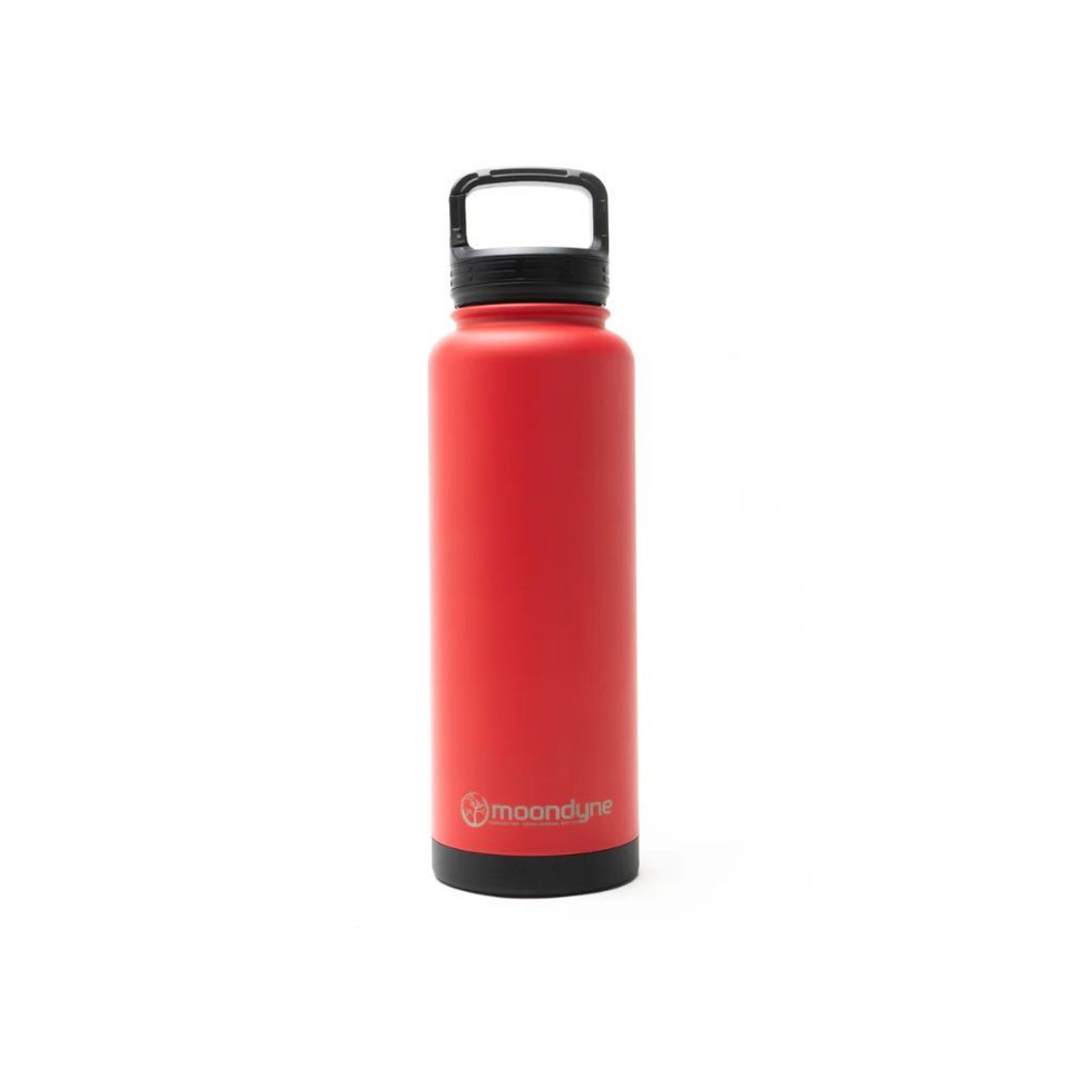Red stainless steel water bottle with black cap designed for durability and style.