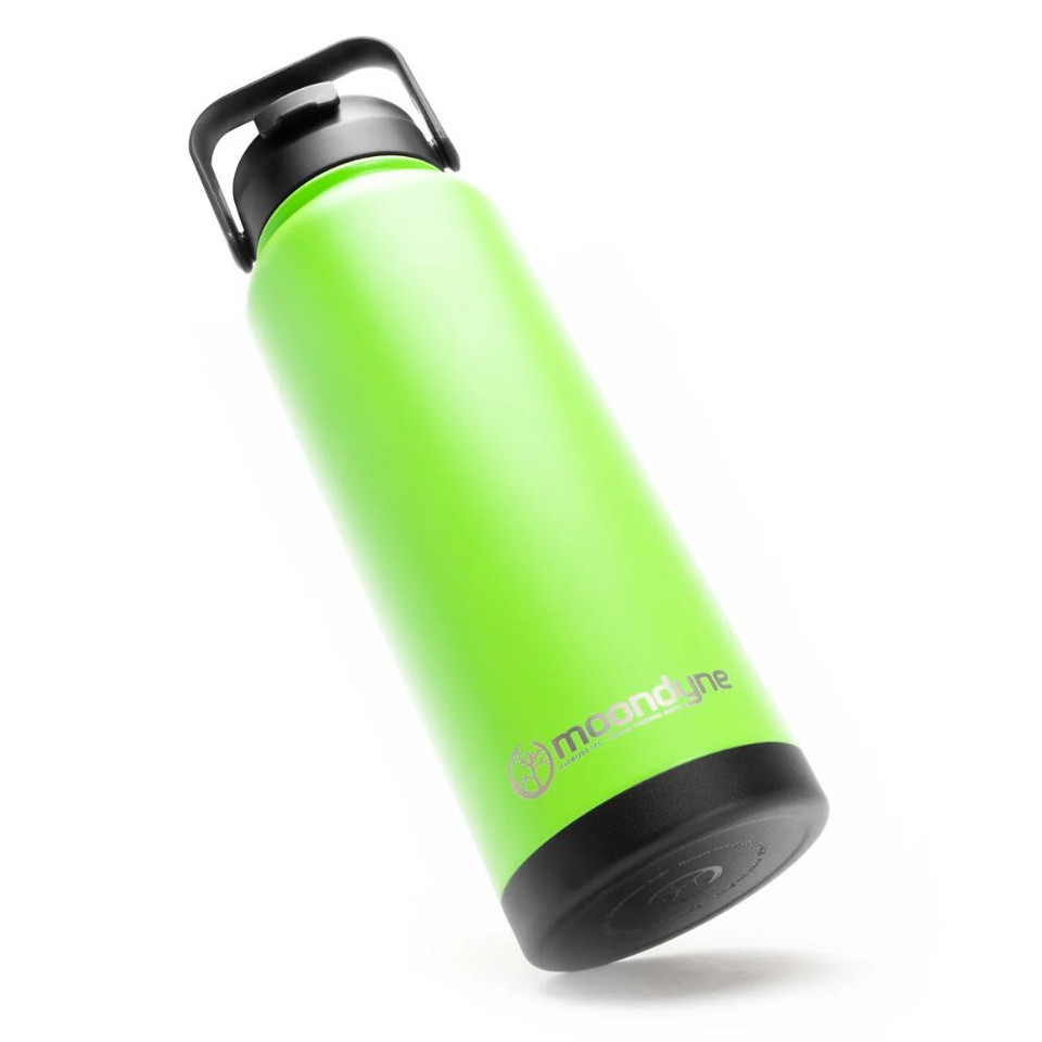 Green insulated water bottle with black lid, sleek design.