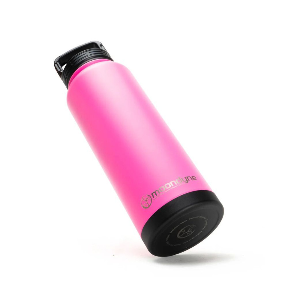 Bright pink insulated water bottle with black cap and moondyne logo.