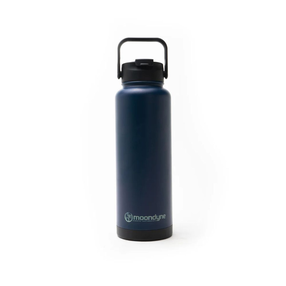 Reusable blue stainless steel water bottle with black handle and lid.