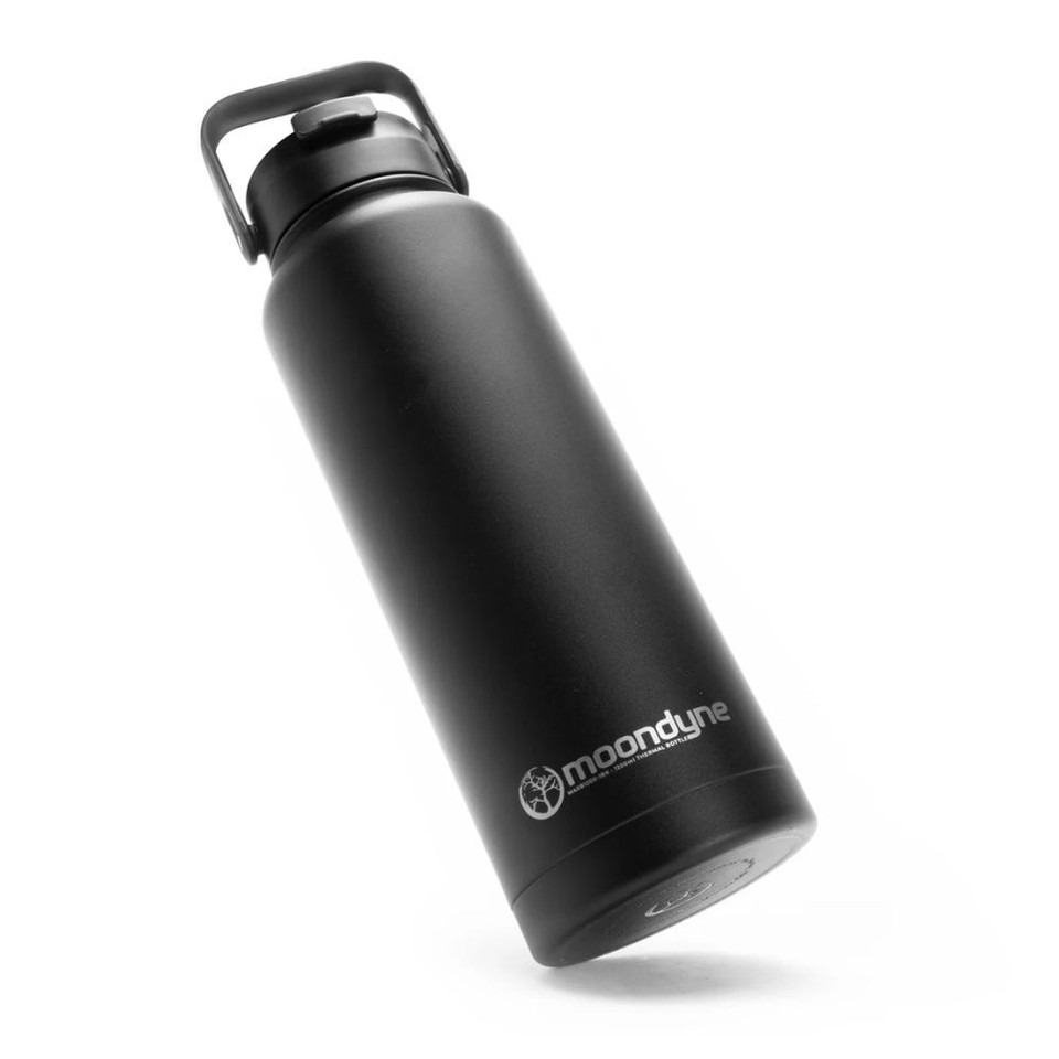 Black insulated stainless steel water bottle with handle, Moondyne logo.