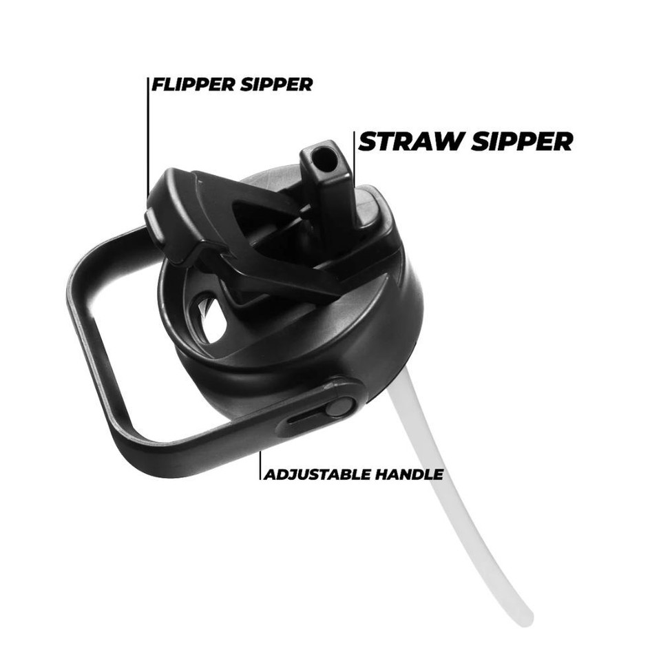 Black water bottle lid with flipper sipper, straw sipper, and adjustable handle.