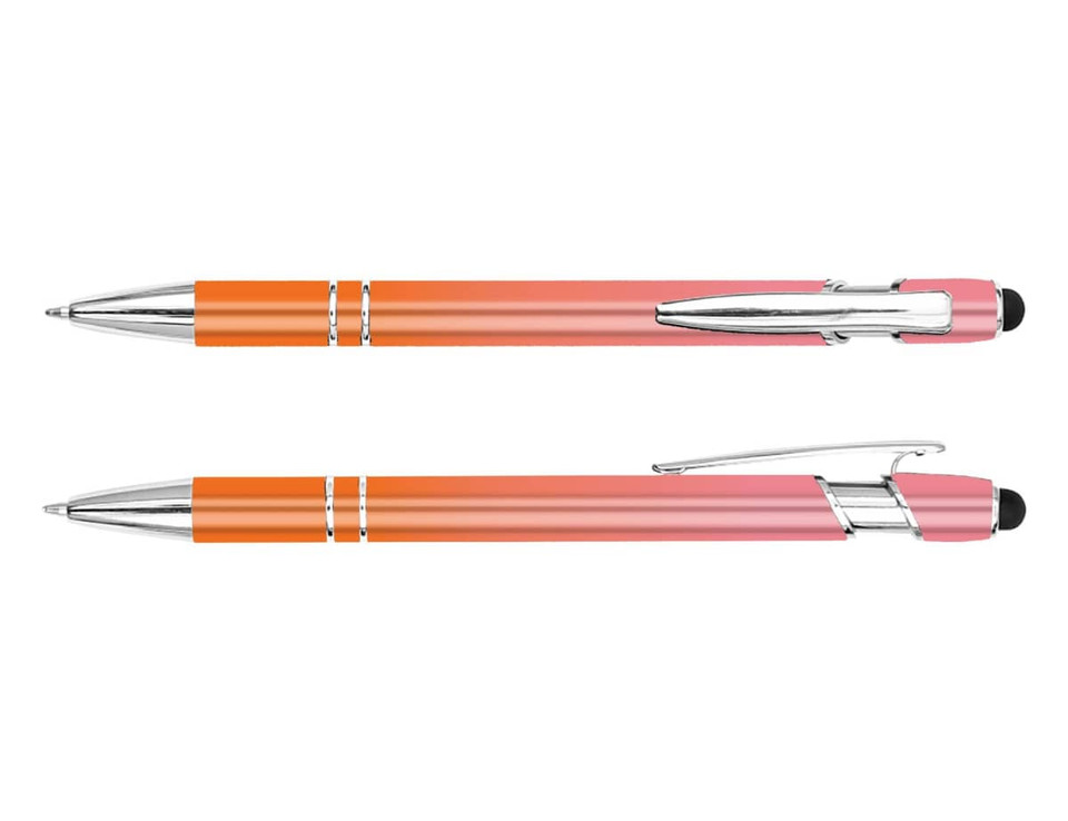 A stylus pen featuring a pink and orange body with chrome accents and a black stylus tip.
