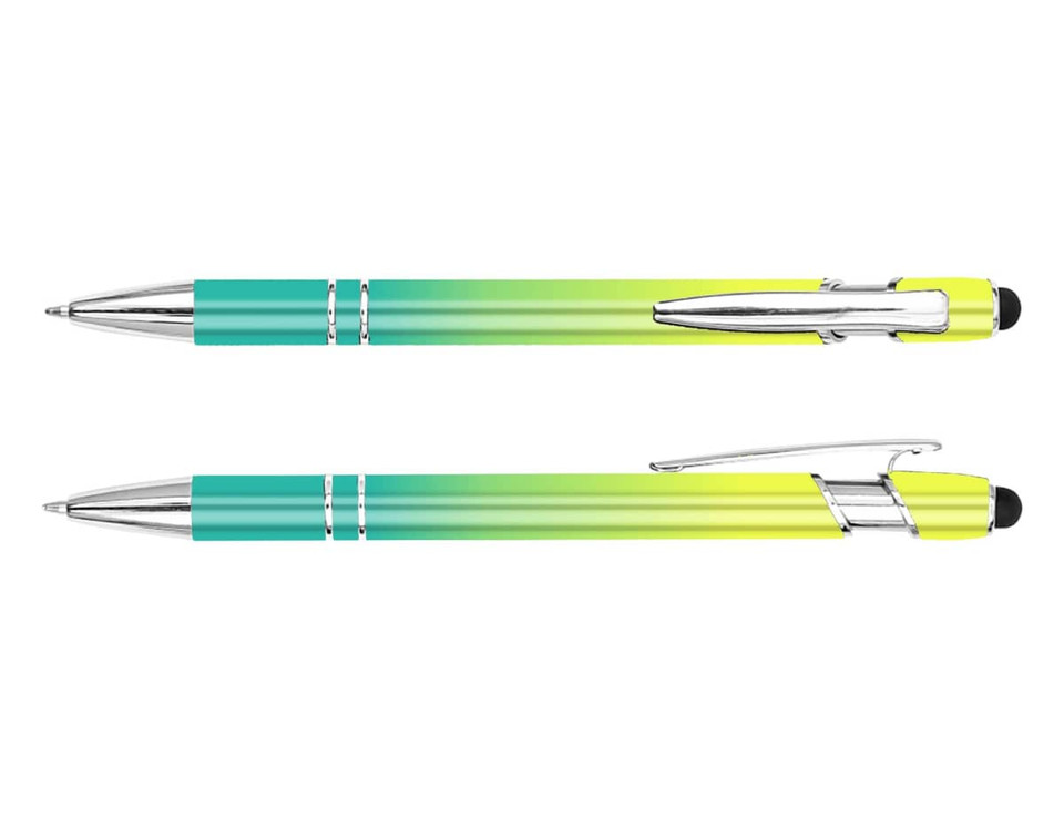 A stylus pen in vibrant green and turquoise hues with chrome accents and a logo.