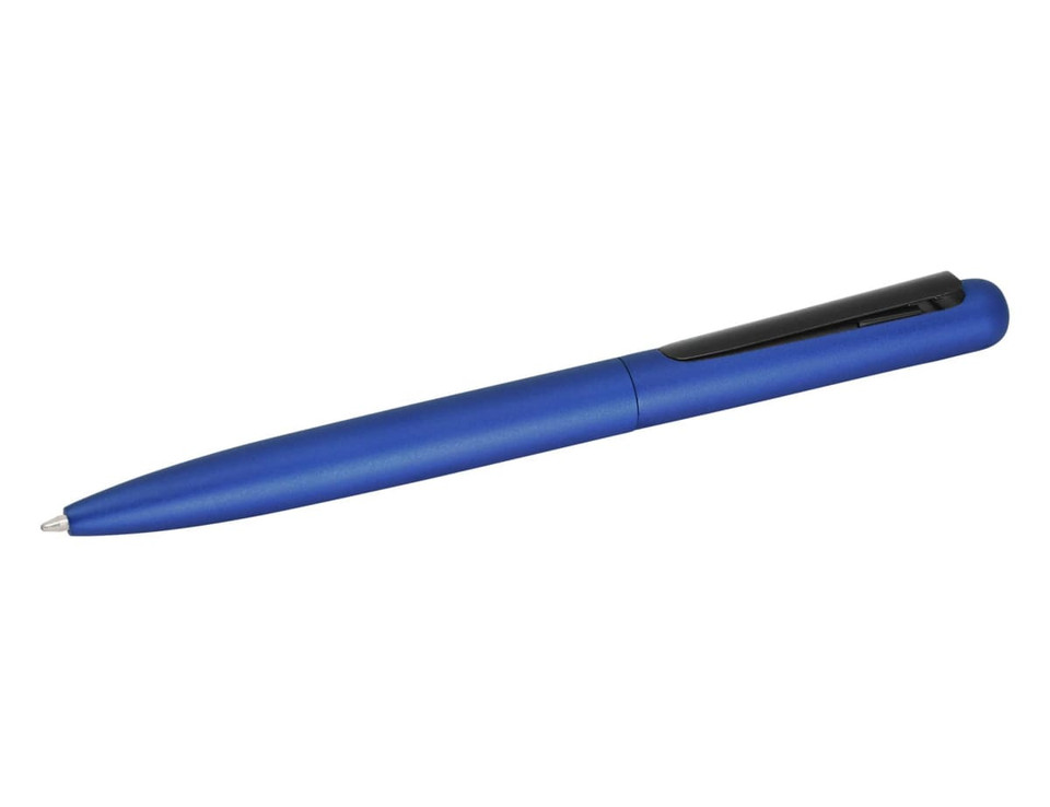 A blue metal pen with a sleek design and a black clip, featuring a branding logo.
