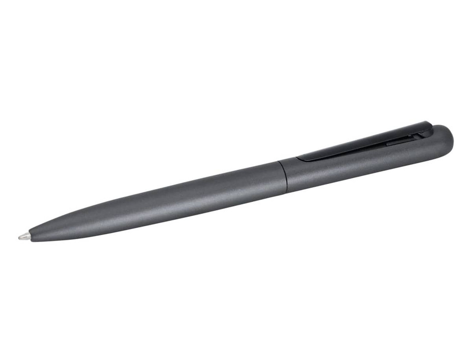 A metal pen in a sleek, dark grey colour with a clip and a smooth finish. It features a logo on the barrel.