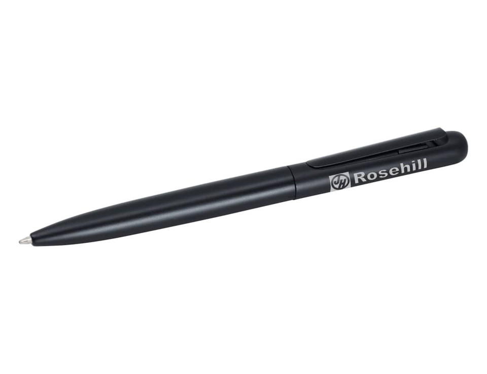 A black metal pen with a clip and a logo on the side, featuring a sleek, minimalist design.
